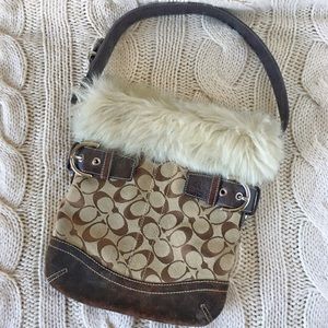 Coach Purse Brown Suede Bottom Shearling Fur White Cream Shoulder Bag Strap